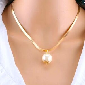 Pearl Necklace Simplistic Golden Adjustable w Single Faux Pearl Ball Choker